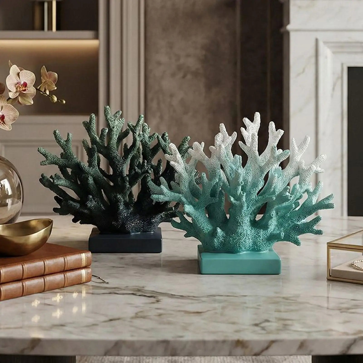 sculpture corail résine moderne décoration maison salon entrée verte bleue blanc