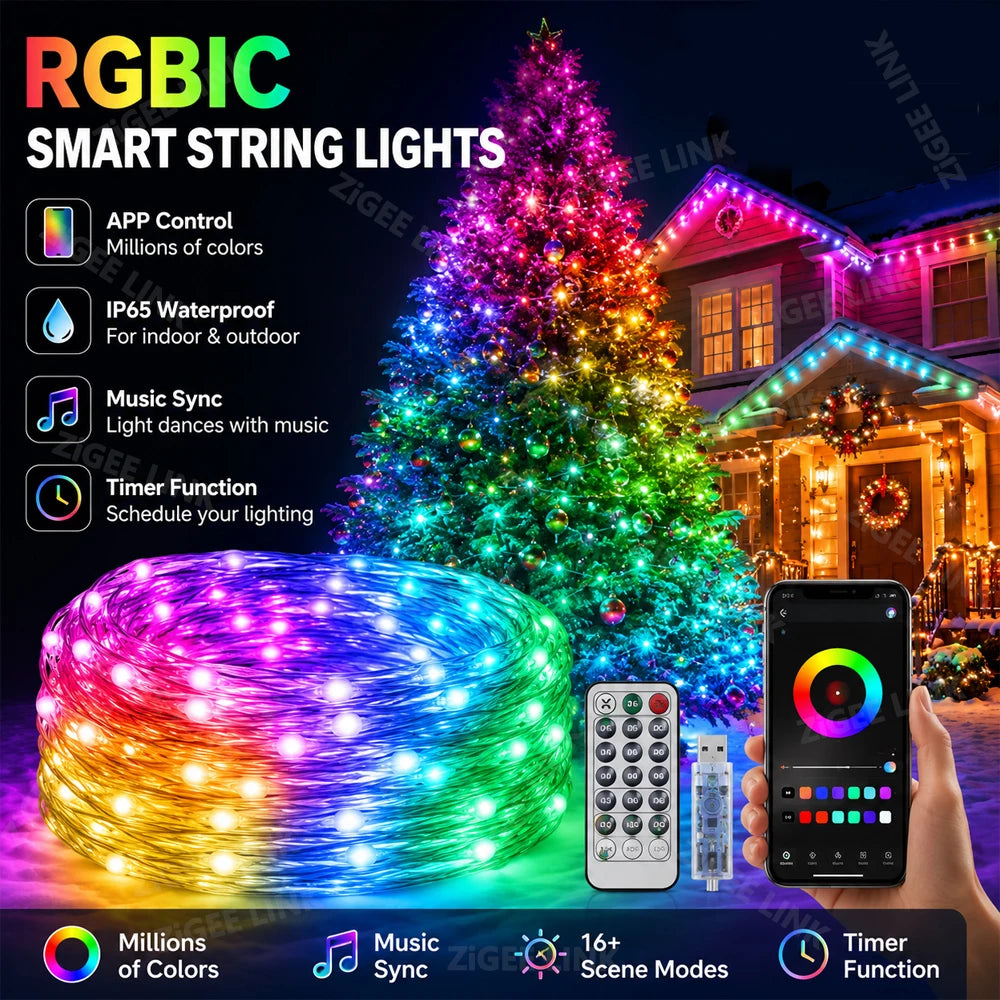 guirlande lumineuse led multicolore points lumineux moderne ip65 bluetooth 5v autoinstall noel decoration maison