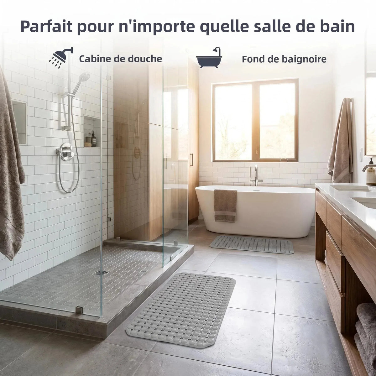 tapis bain antidérapant moderne gris clair perforations ventouses 37x68cm drainage sécurisé doux machine