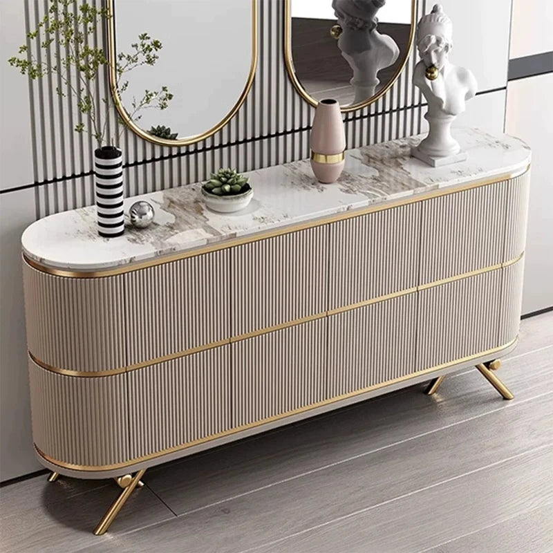 commode moderne bois beige doré pieds métalliques rayures verticales chambre salon multifonction