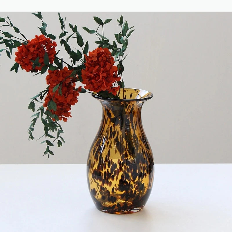 vase verre motif léopard marron jaune doré fleurs séchées décoration moderne table hydroponie terrarium