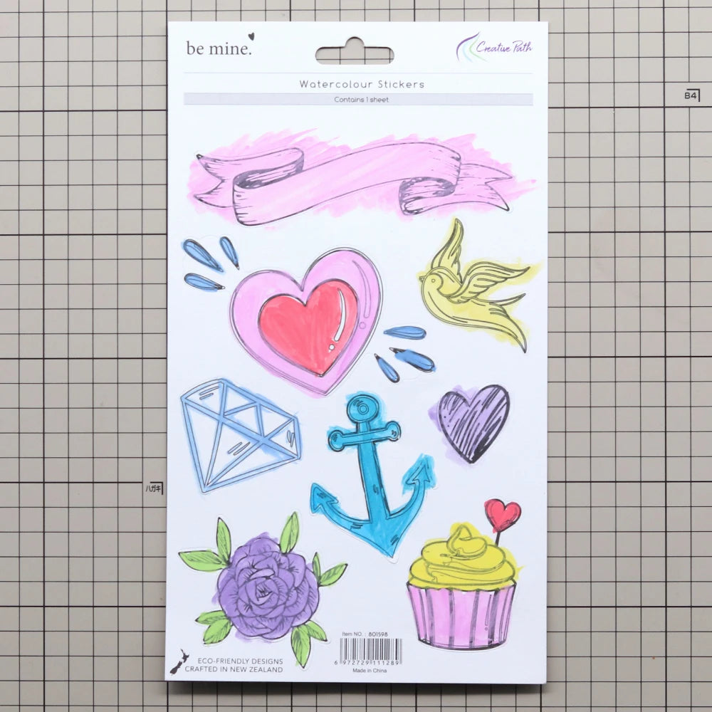 sticker aquarelle fleurs rubans coeurs diamant ancre cupcake oiseau flèche texte be mine forever