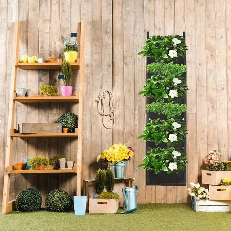jardinière murale suspendue poches tissu noir vert rustique plante fleur herbe aromatique(vertical)