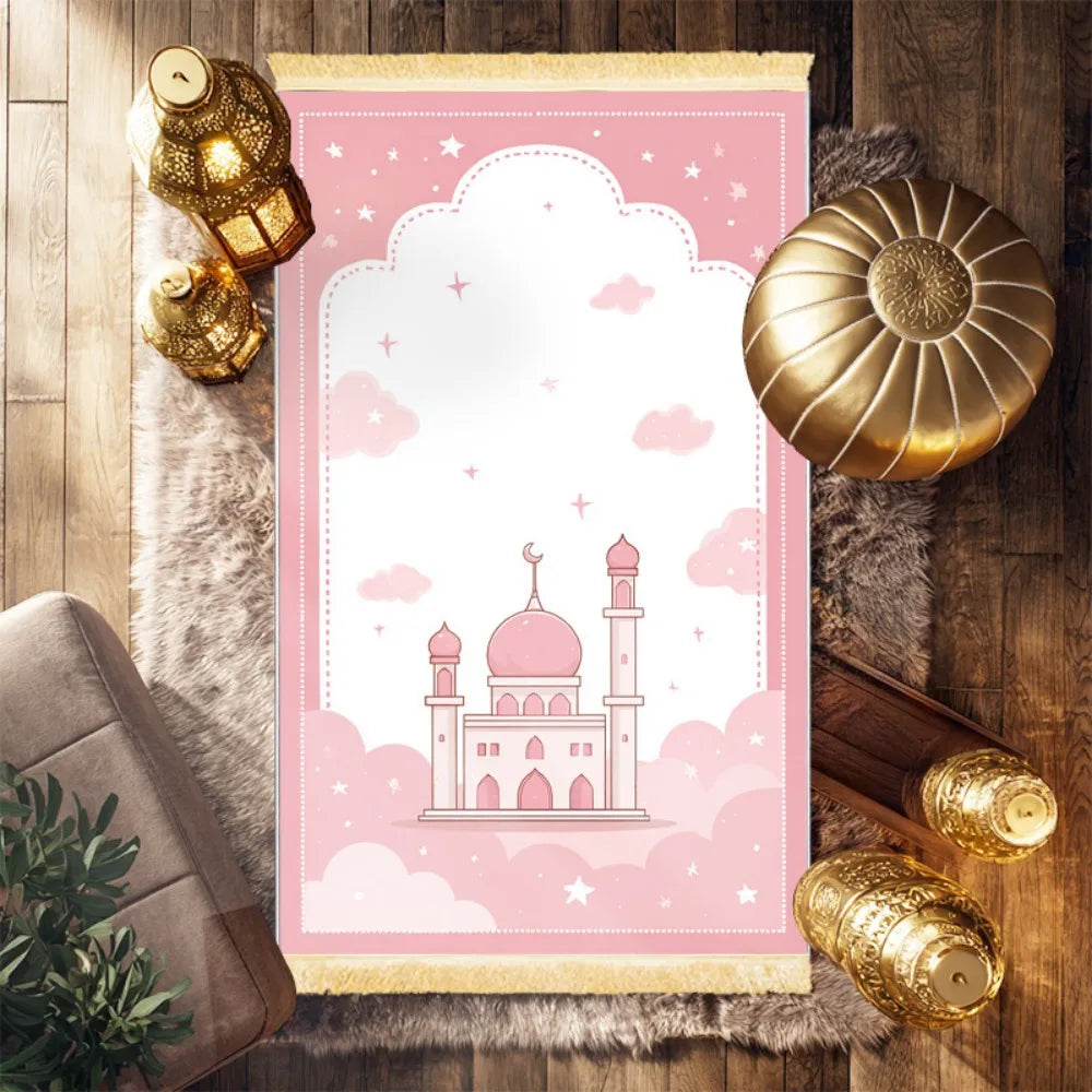 tapis prière islamique rose mosquée nuages étoiles polyester vinyle résistant décoration moderne usage multipleextérieurintérieur