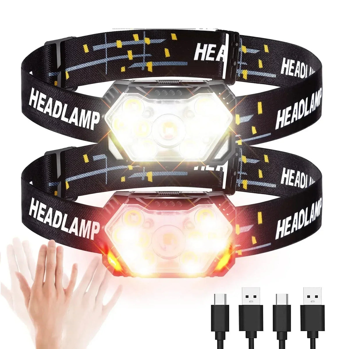 lampe frontale noire rayures jaunes led motion sensor ceinture ajustable camping