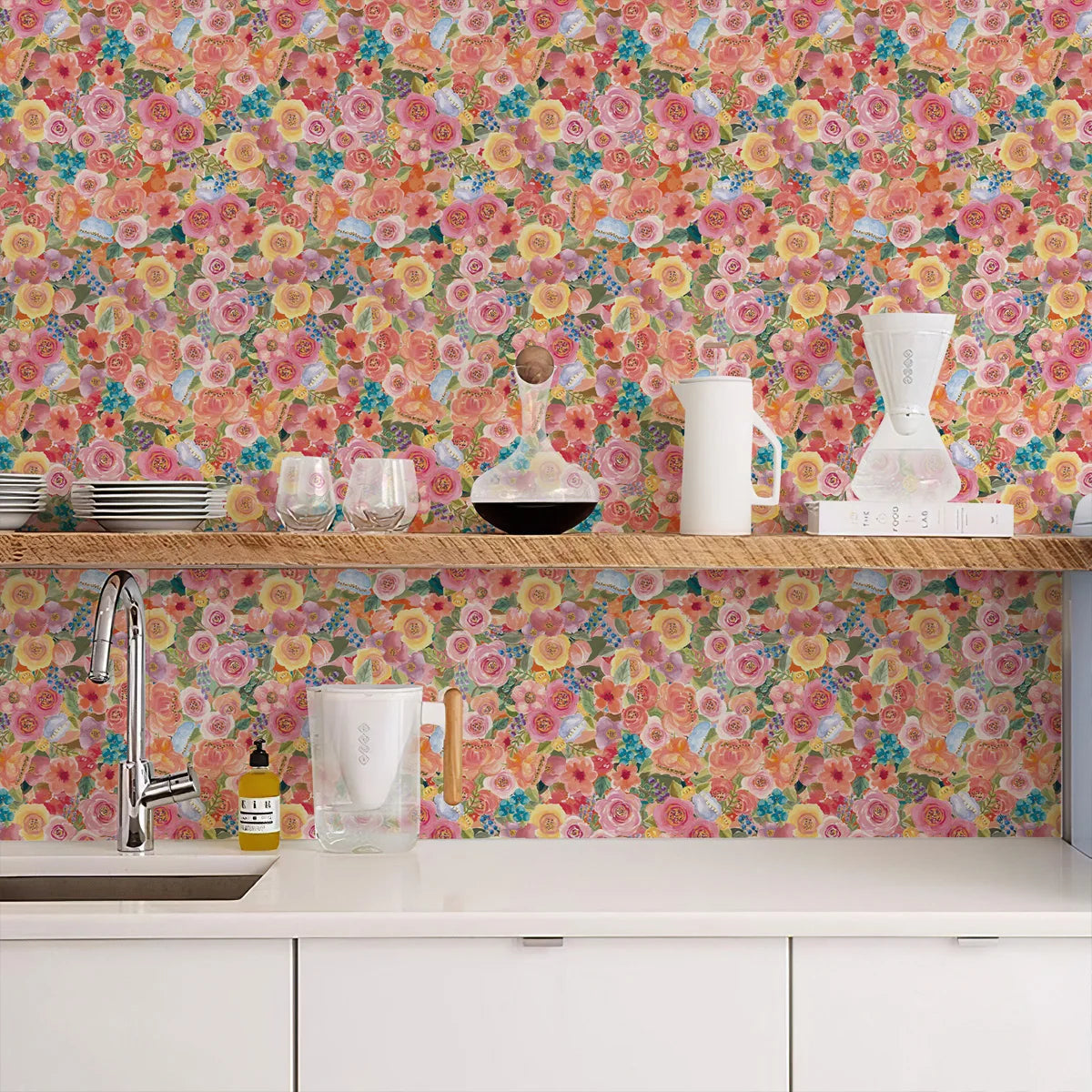 papier peint fleurs colorées moderne résistant humidité autocollant rose jaune vert bleu blanc salon