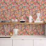 papier peint fleurs colorées moderne résistant humidité autocollant rose jaune vert bleu blanc salon