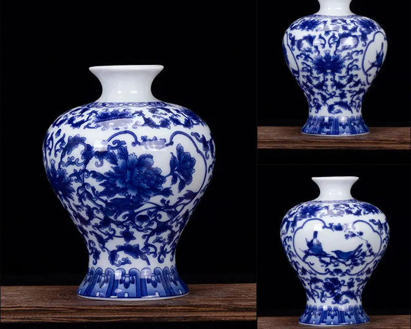 Trois vases bleu et blanc avec des motifs floraux et de paysages, des récipients en porcelaine de style oriental avec des designs peints à la main.