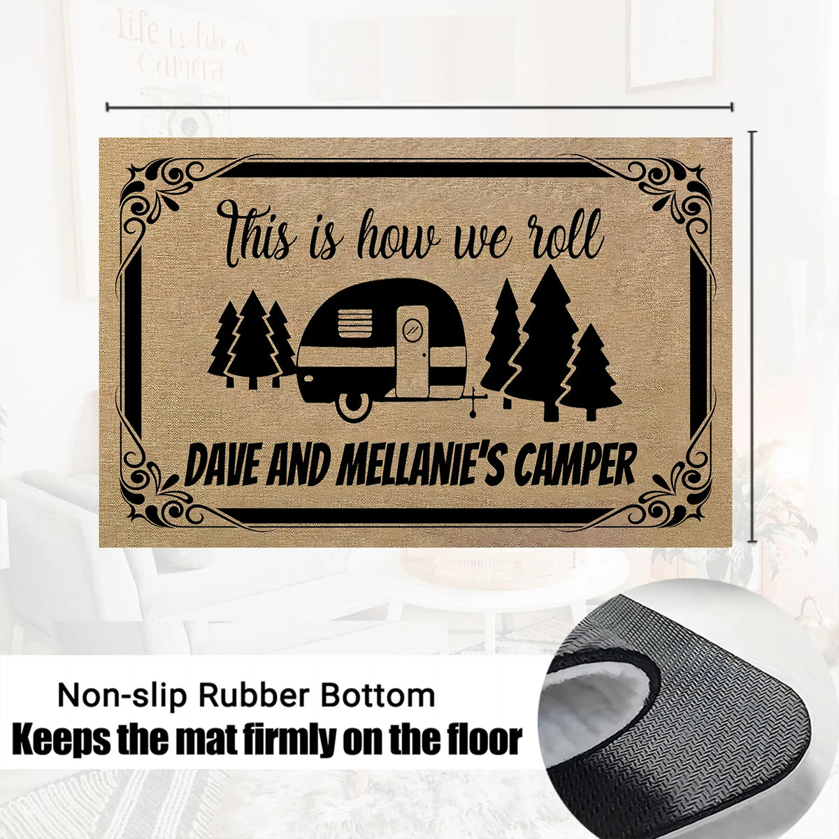 tapis d'entrée marron clair noir motif camping vintage antidérapant résistant extérieur intérieur