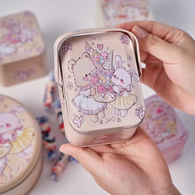 boîte biscuits blanc rose bleu vintage lapins mignons fleurs rubans anniversaire fête portable