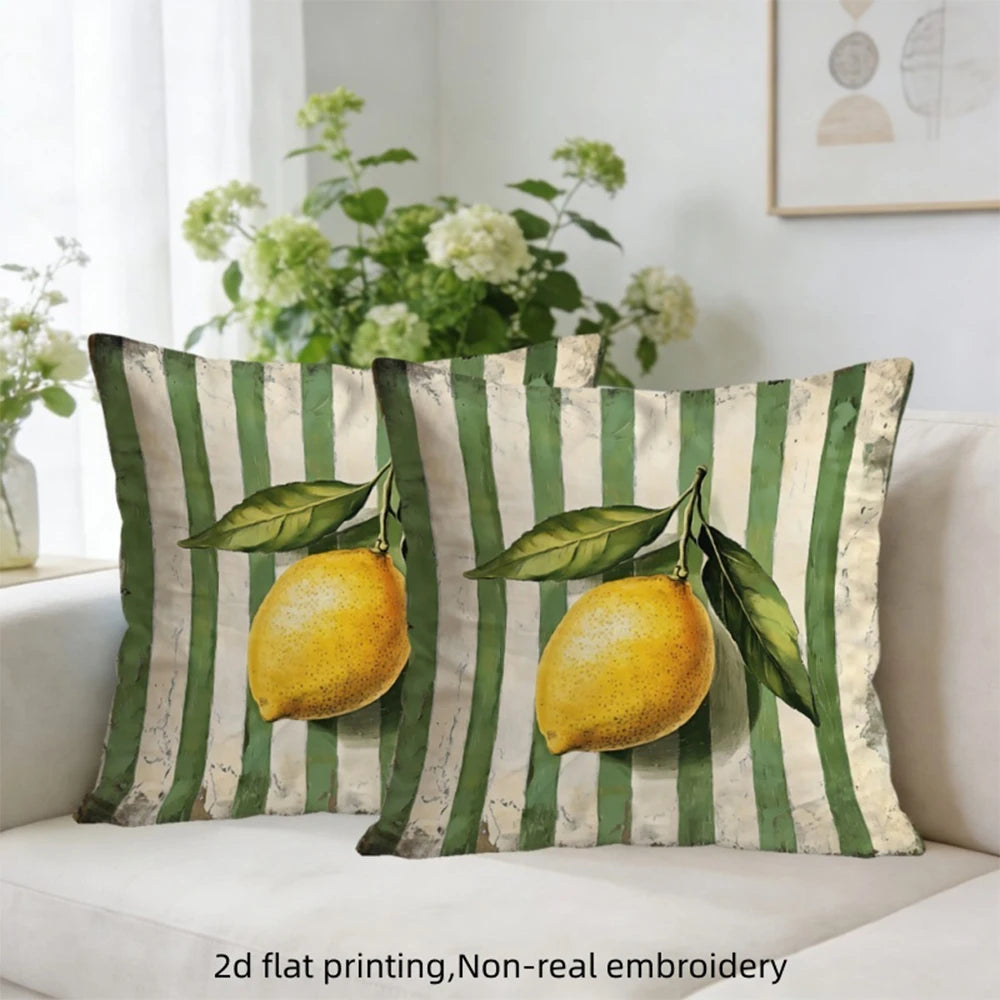 coussin décoratif carré motif citronnier bleu jaune vert moderne canapé salon intérieur extérieur