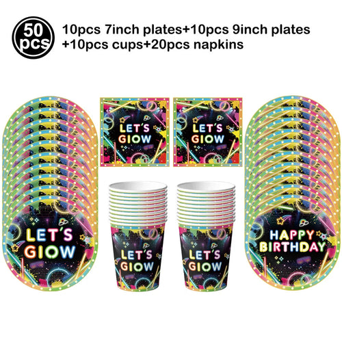 vaisselle jetable anniversaire néon assiettes gobelets serviettes papier noir motifs lumineux fête décorations