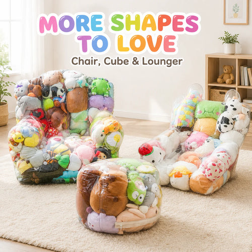 sac rangement transparent peluches chaise cube lounge enfant deco ludique pastel vibrant
