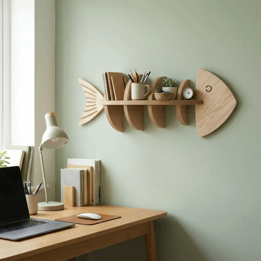 étagère murale moderne étagère bois naturel finition lisse 70cm poisson plante stylos tasse horloge
