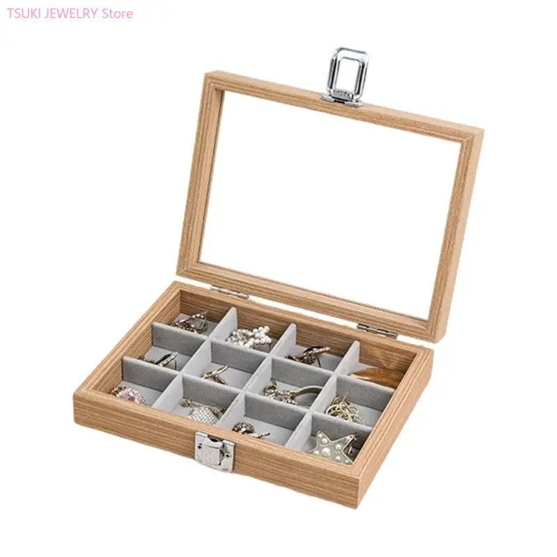 boîte bijoux bois naturel moderne cadenas 20cm 15cm 15cm rangement bagues boucles d'oreilles gris