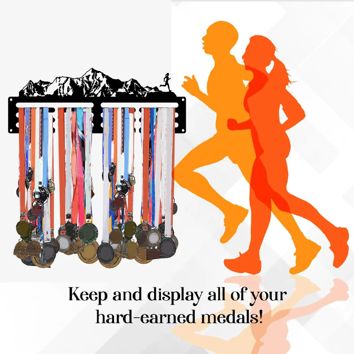 porte médailles rangement mural sportif découpes laser montagnes coureurs noir horizontal multiusage salon