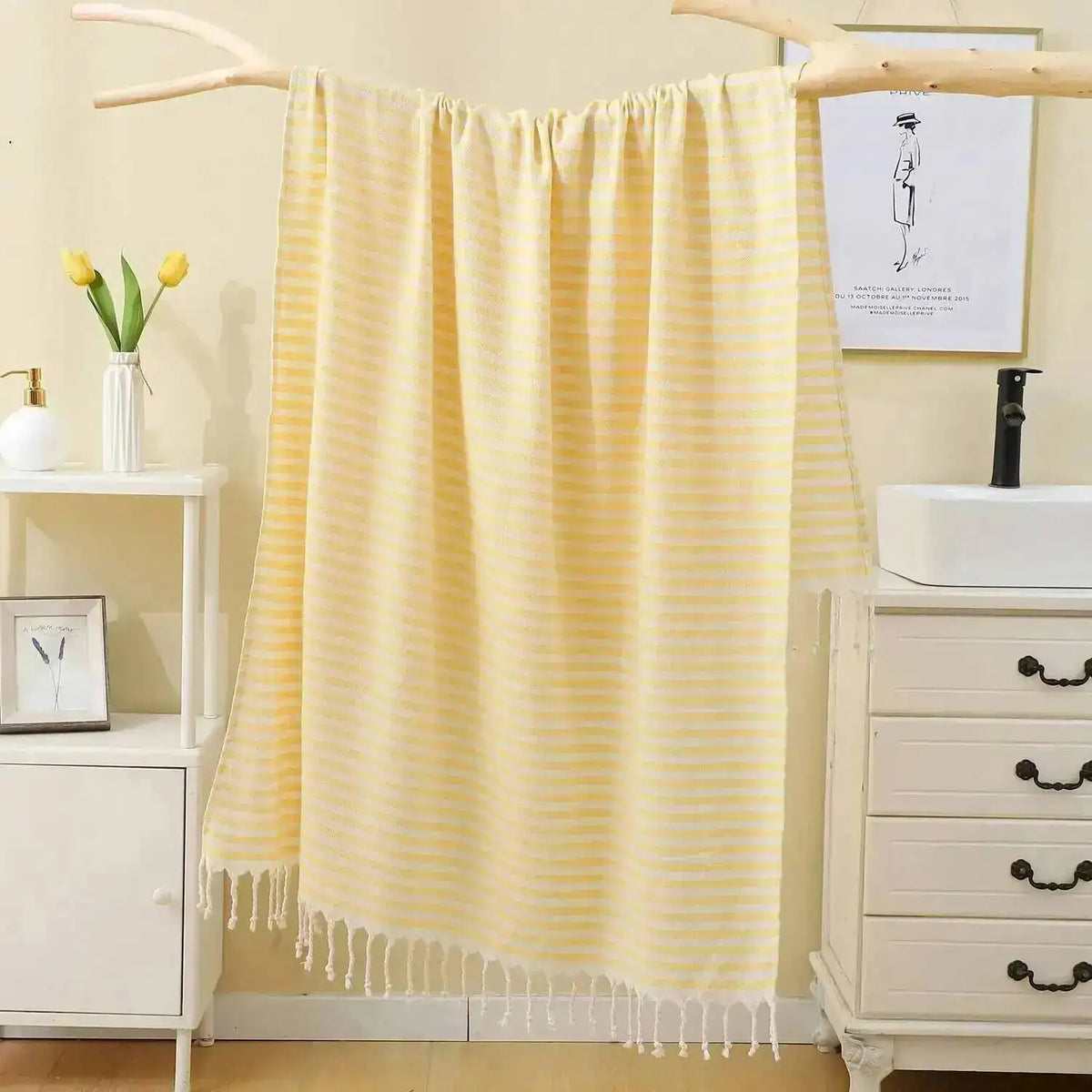 serviette bain coton polyester 100x180cm rayées franges moderne absorbante plage voyage