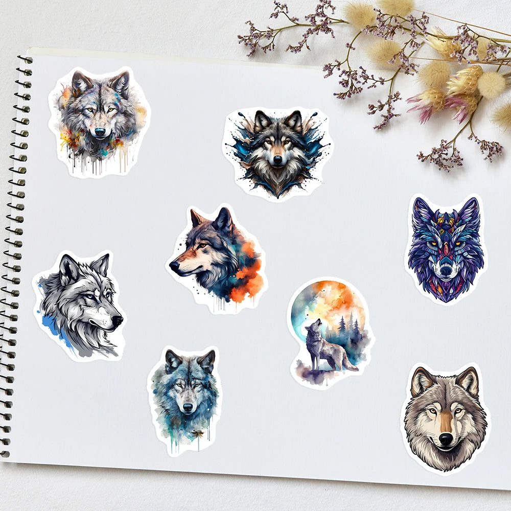 stickers adhésifs waterproof modernes illustrations loups motifs ethniques forêt nocturne galactiques multicolores adultes adolescents