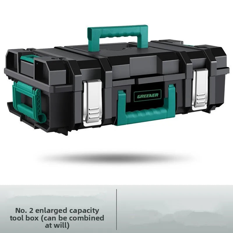 boîte outils modulaire noire verte pratique robuste poignées roulettes empilable grande capacité