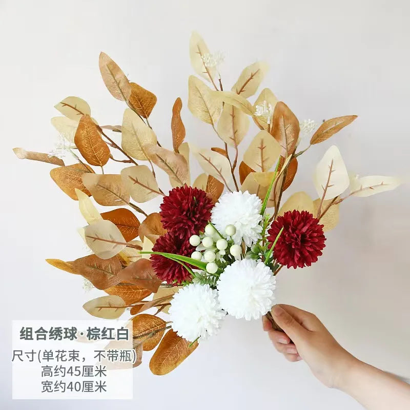 bouquet artificiel moderne fleurs boules feuilles vertes bleu blanc rouge