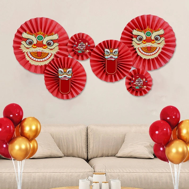 décoration murale mariage anniversaire fête rouge lion floral nuages papier fan rubans ballons dorés