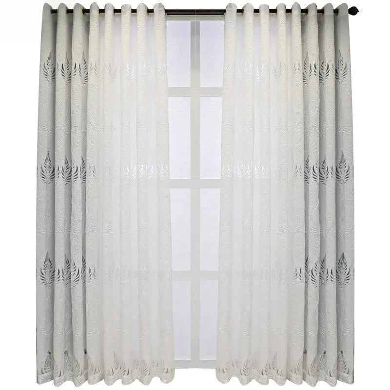 rideau blanc tulle translucide feuilles découpées moderne salon chambre décoration fenêtre anneaux classique