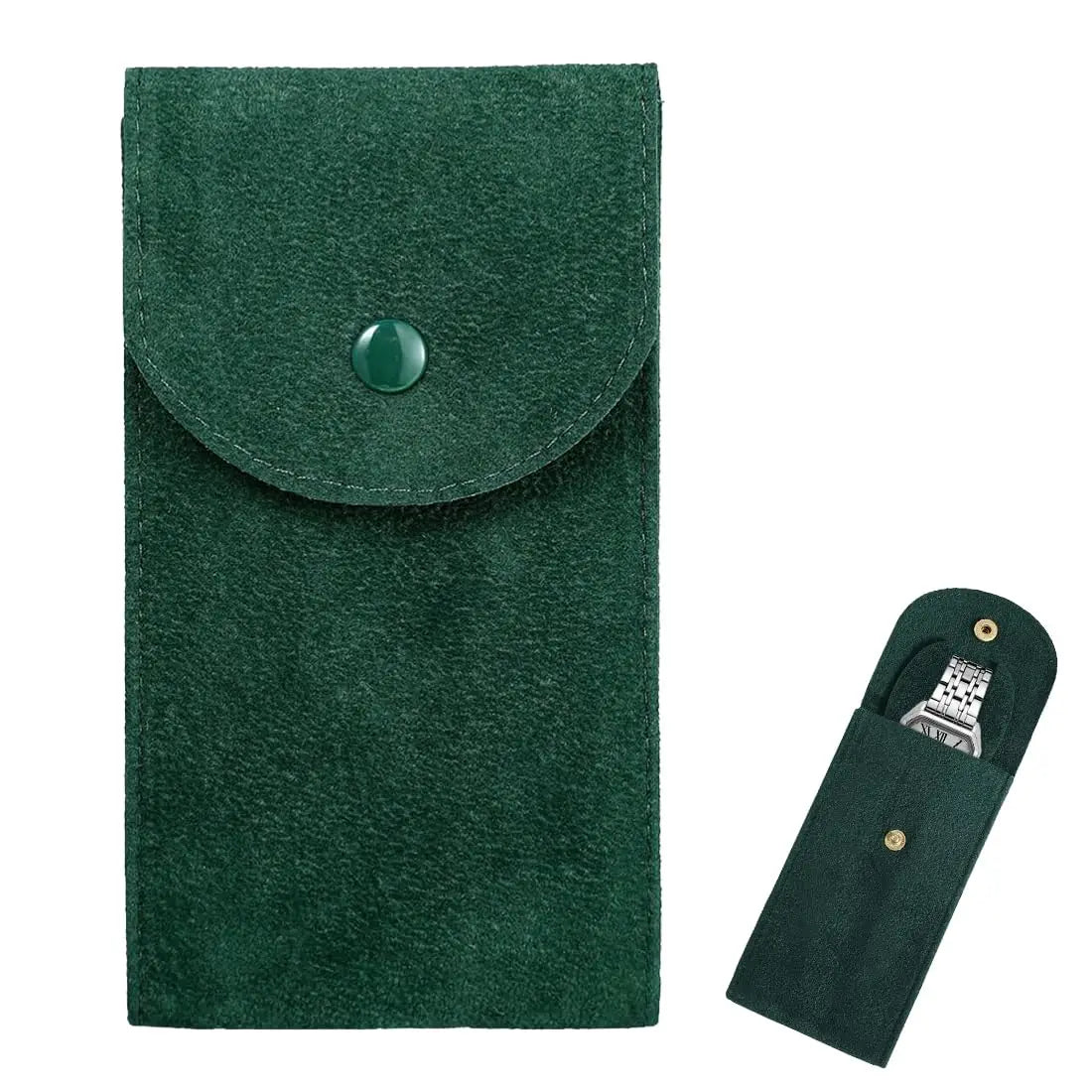 pochette rangement montre velours vert bouton métallique protection anti choc sac emballage bijoux