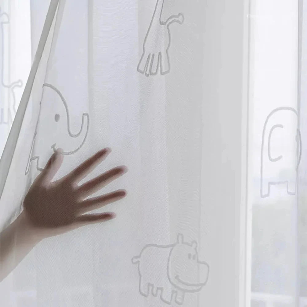 rideau blanc transparent animal éléphants hippopotames moderne enfant tringle maison