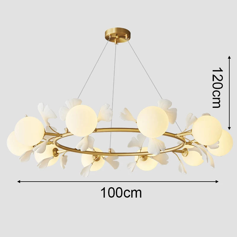 suspension lumineuse or contemporaine boules lumineuses opalescentes fleurs décoratives chambre coucher salon