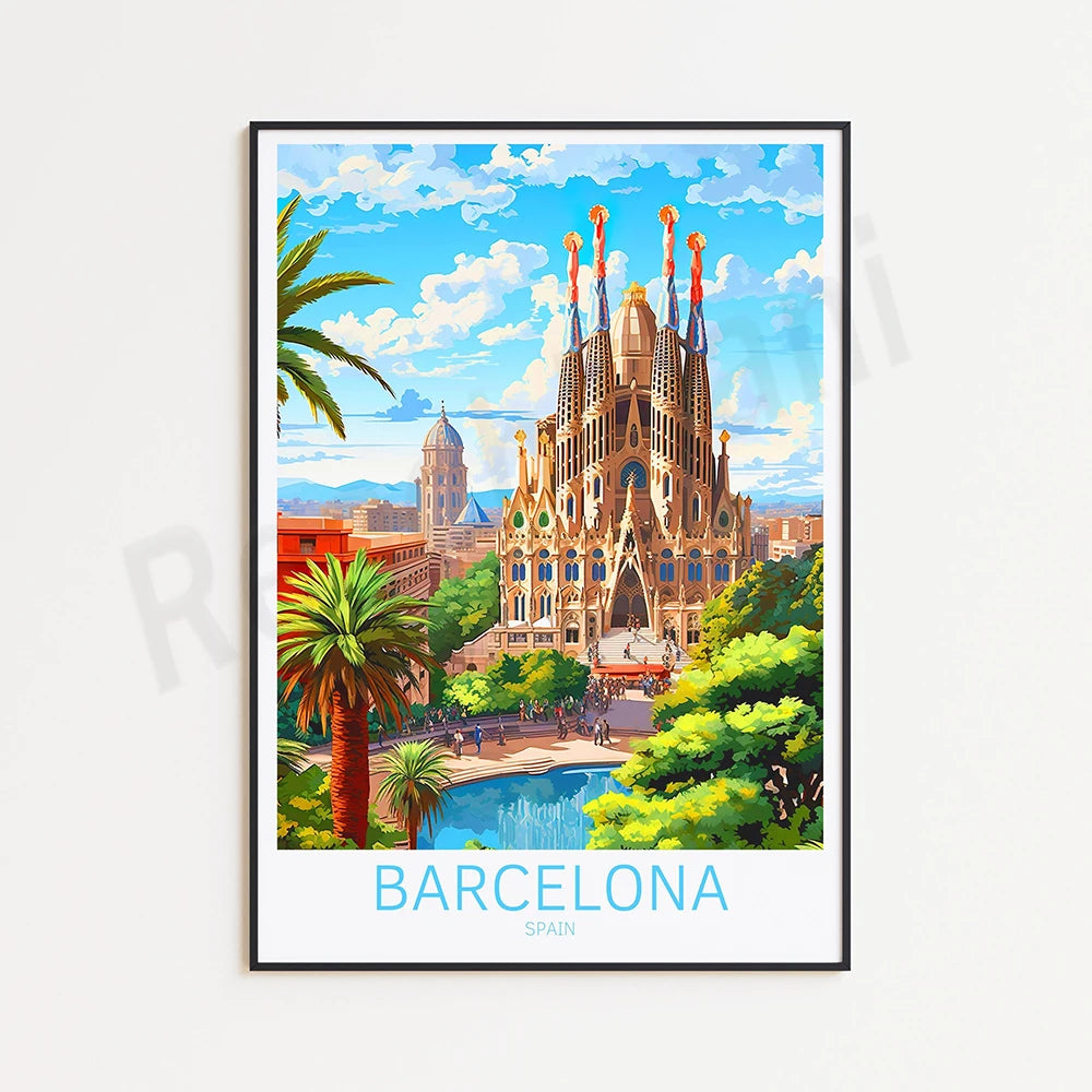 Une représentation colorée et animée de la Sagrada Familia, l'emblématique cathédrale de Barcelone, entourée de palmiers et de fontaines dans un paysage urbain verdoyant.
