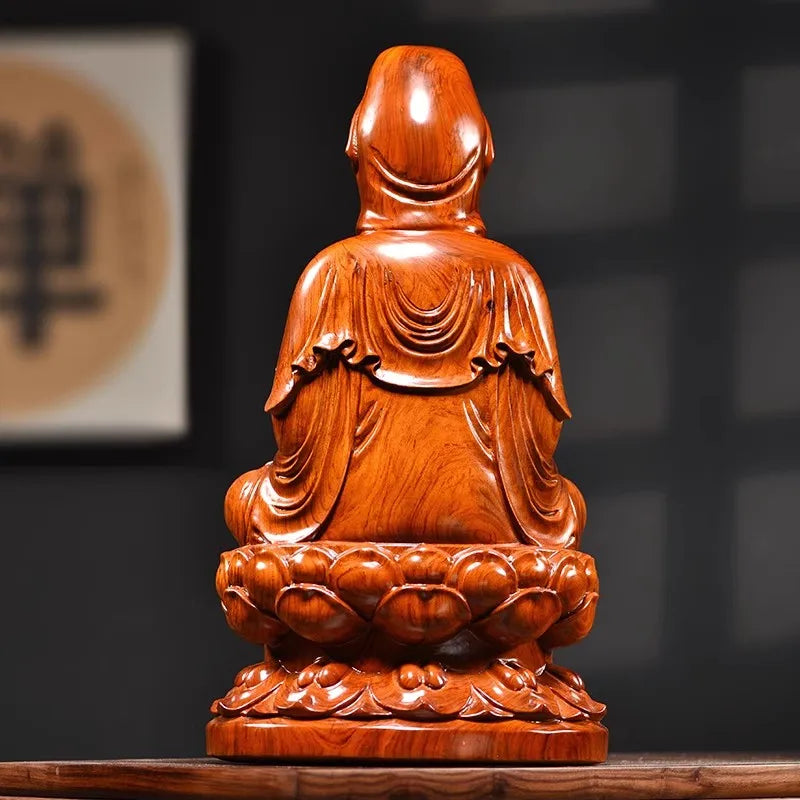 statue bouddha assis bois sculpté détaillé feng shui décoration maison brun clair doré traditionnelle