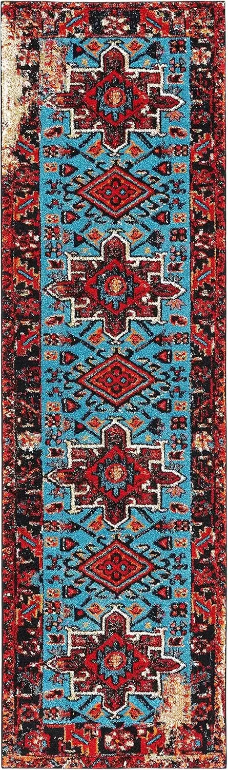 tapis géométrique bohème rouge bleu noir polyester salon chambre moderne