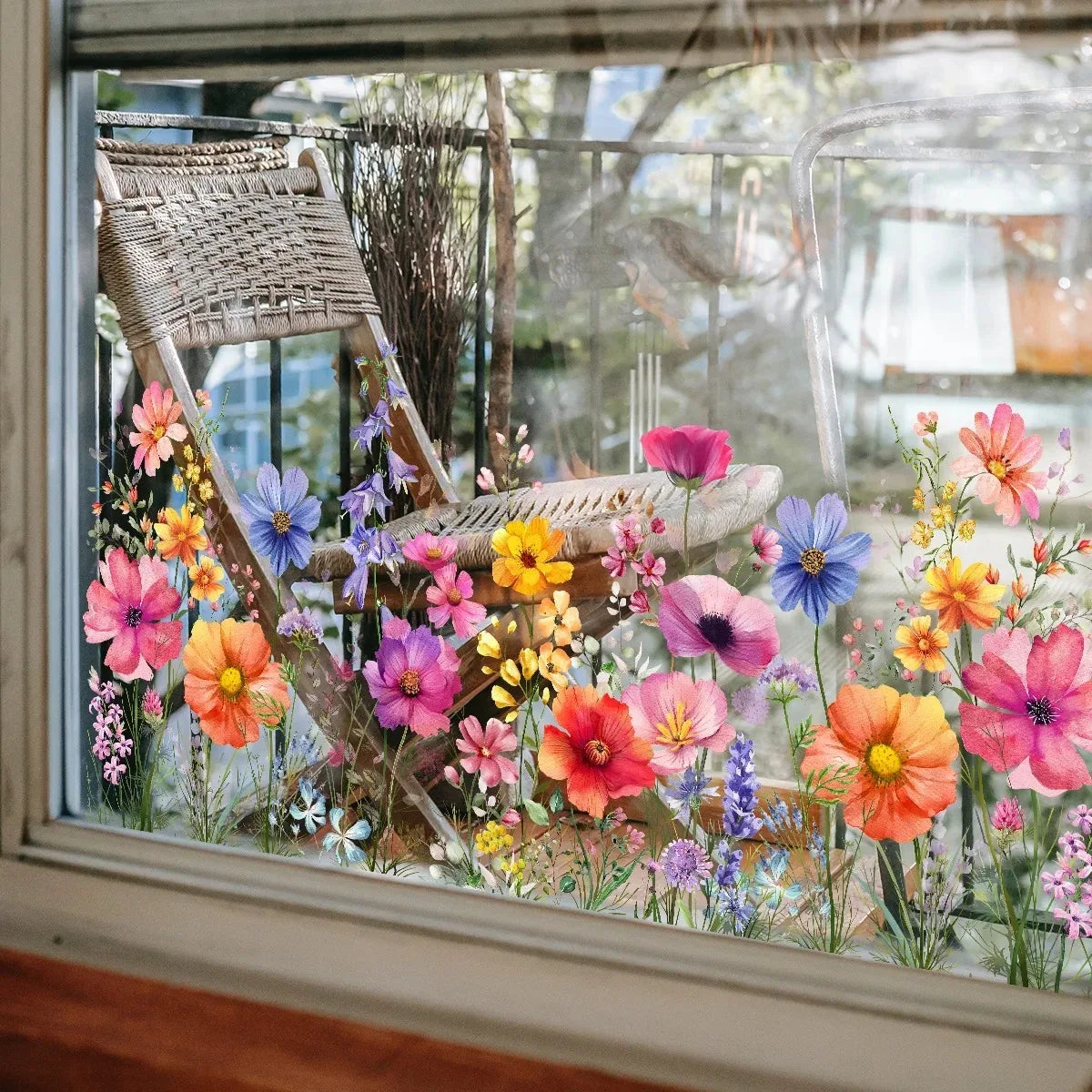 autocollant fenêtre fleurs multicolores vibrant couleurs réaliste balcon décoration pvc résidu free removable