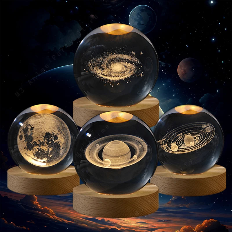 veilleuse globe céleste transparent doré planètes galaxie câble usb base bois deco chambre