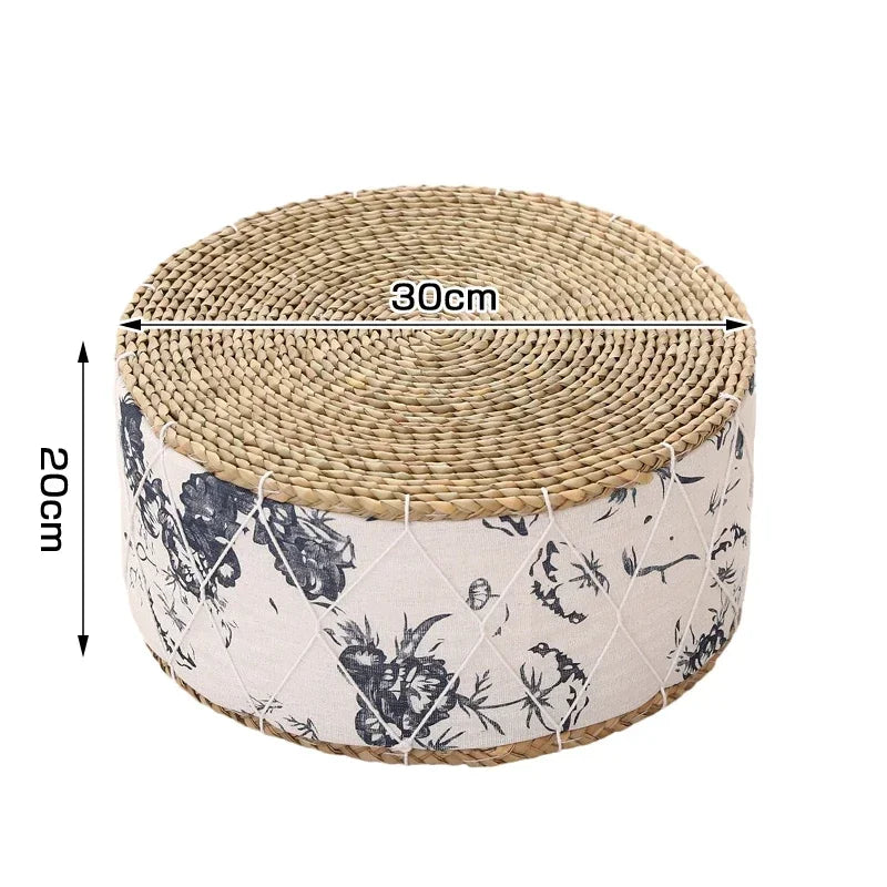 coussin futon rond tissé motifs géométriques beige bleu marine blanc boho rustique