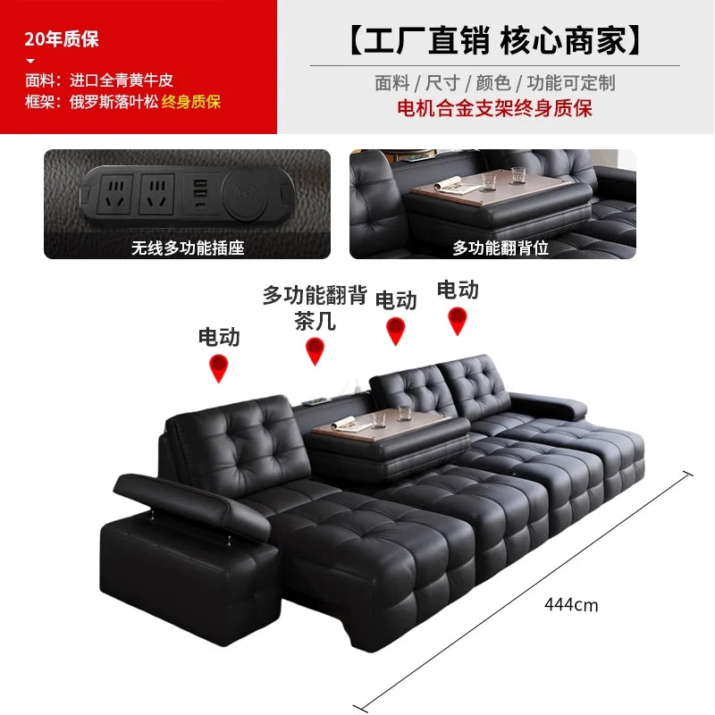 canapé d'angle moderne cuir noir boutons carrés coussins reposé pieds multifonctionnel