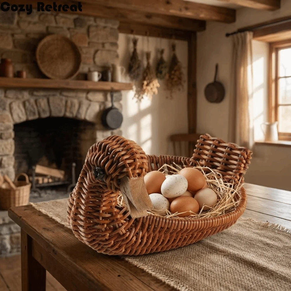 panier tressé forme oiseau réutilisable plastique rustique contenant œufs snacks paille couleur marron rouge