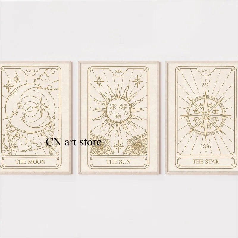 affiche art nouveau tarot lune soleil étoile illustration détaillée toile décorative chambre maison