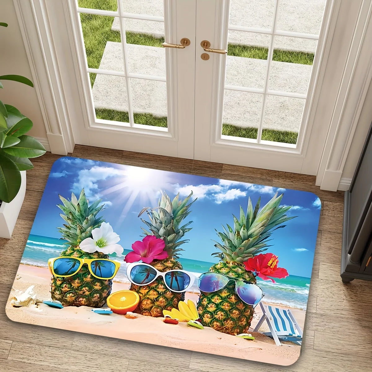 tapis sol moderne extérieur résistant rides bleu vert beige vague palmiers ananas soleil océan