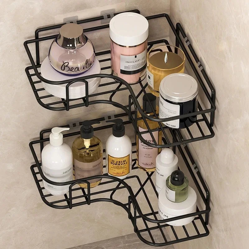 étagère salle bain murale adhésive métal noir grille moderne rangement produits toilette