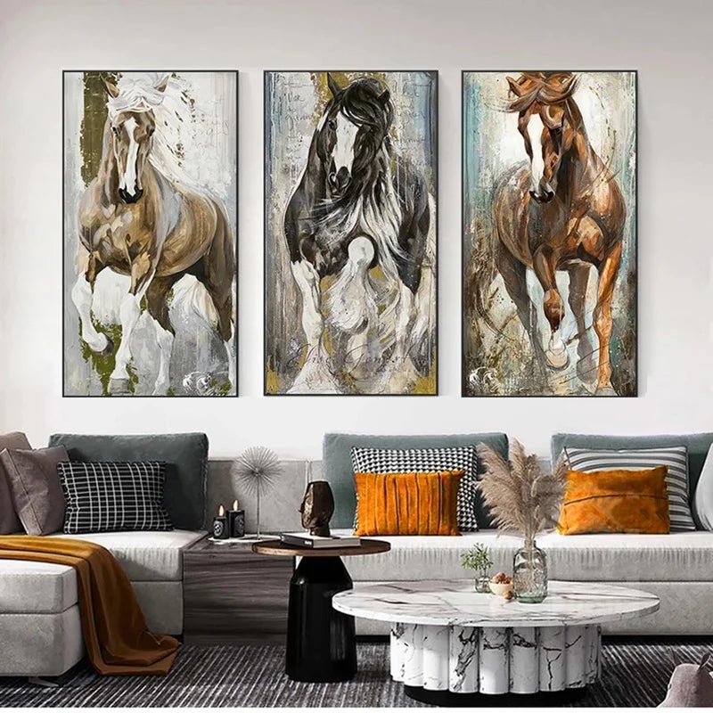 tableau moderne chevaux galopants abstrait canvas noir blanc marron gris doré salon chambre decoration