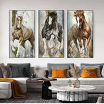 tableau moderne chevaux galopants abstrait canvas noir blanc marron gris doré salon chambre decoration