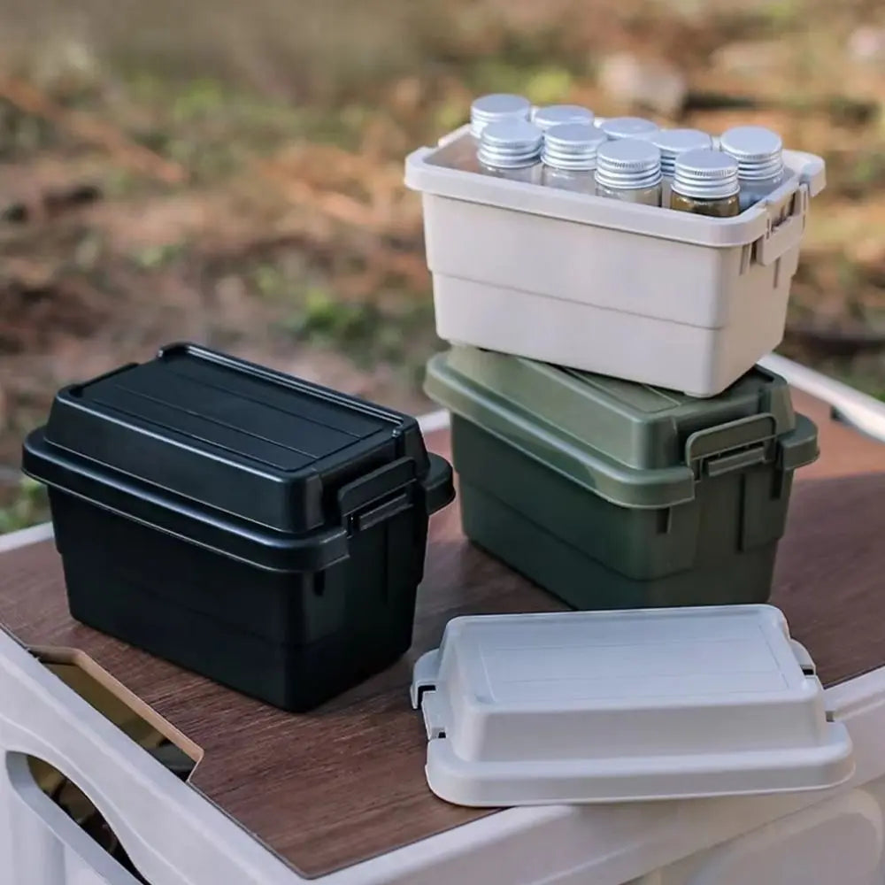 boîtes rangement camping réutilisables plastique noir vert beige poignées couvercles pratiques robustes