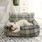 lit chien tissu doux carreaux gris blanc coussin matelas confortable amovible lavable intérieur