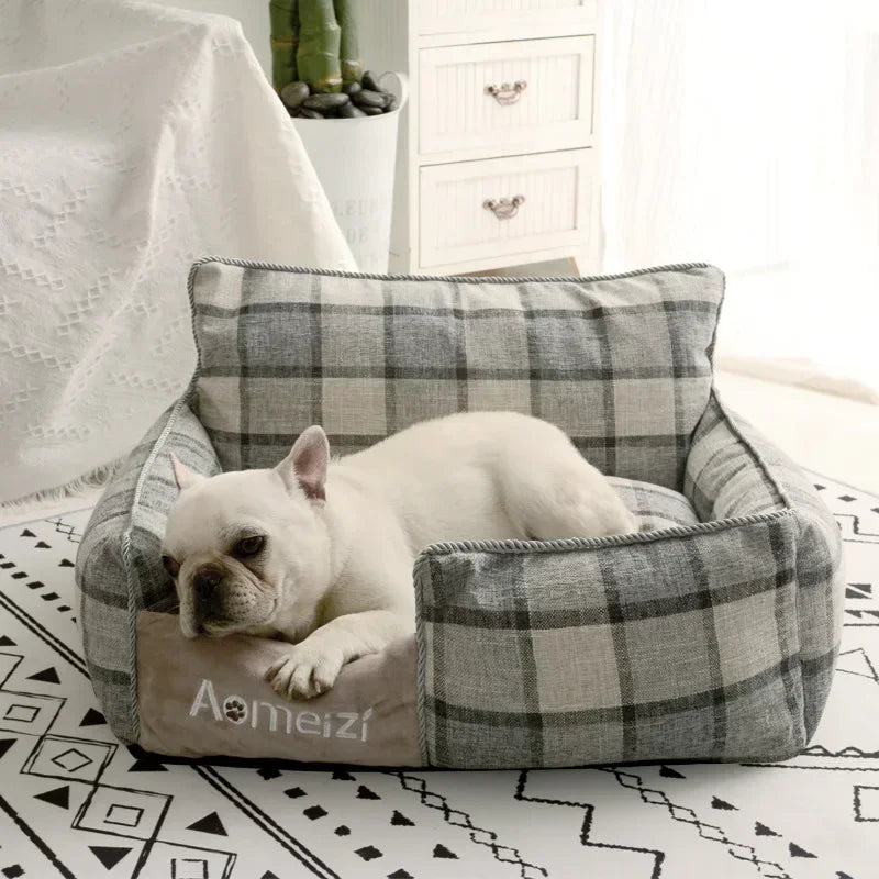 lit chien tissu doux carreaux gris blanc coussin matelas confortable amovible lavable intérieur