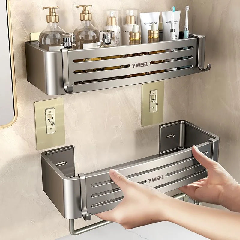 étagère murale moderne trois niveaux gris métallisé adhésif salle bain porte savon porte serviettes