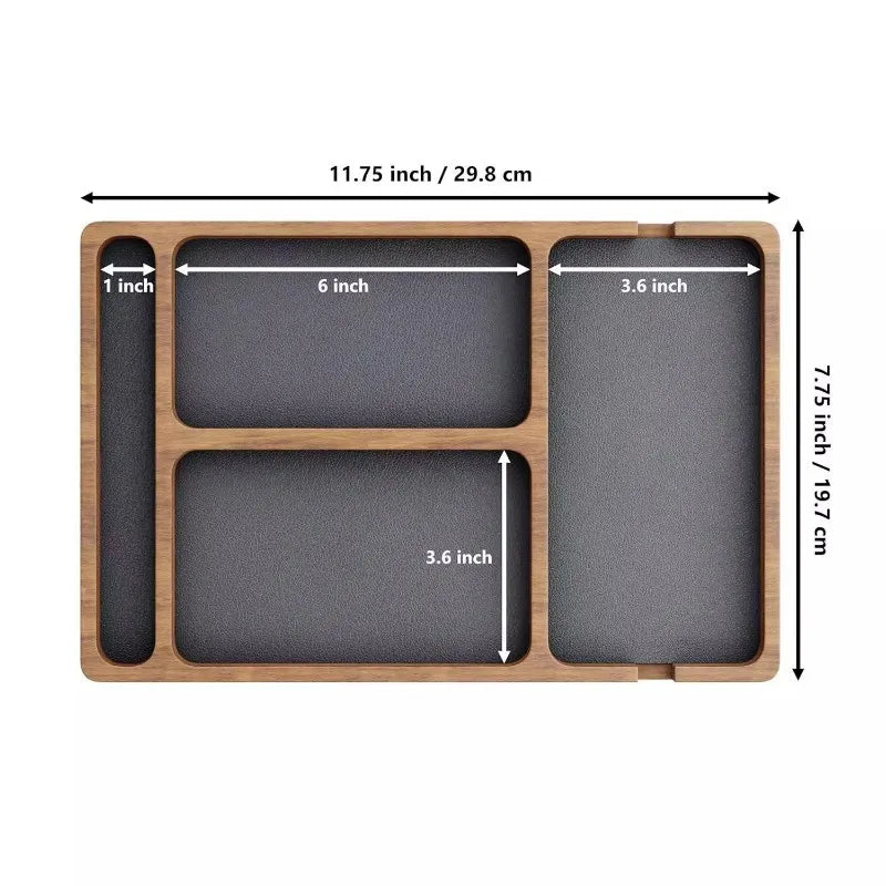 boîte rangement bois compartiments marron moderne stylo portefeuille smartphone montre câble usb