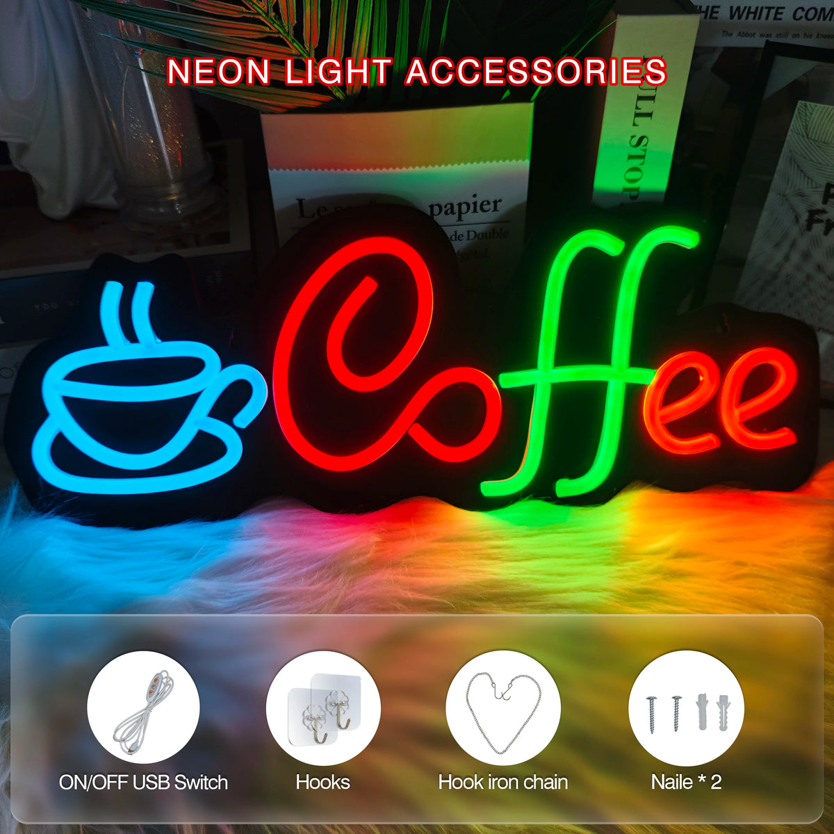 enseigne néon moderne lettres Coffee tasse bleu rouge vert fixée crochets