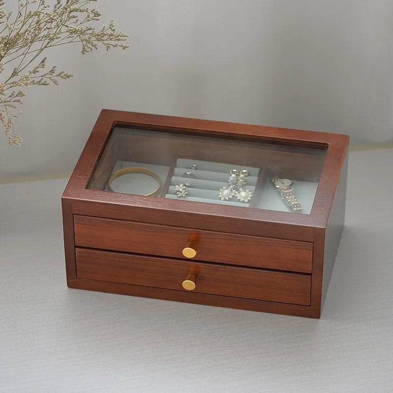 boîte bijoux marron foncé verre transparent poignées dorées classique envelloppe présente bijoux faux daim