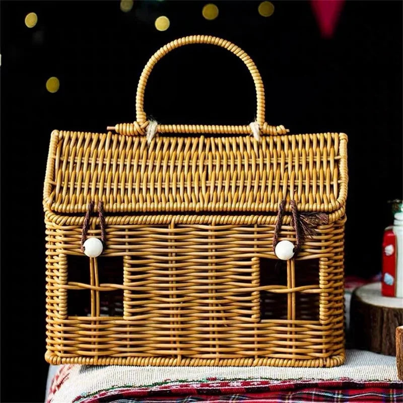 panier tressé forme maisonnette marron clair fenêtres ouvertes rustique anse transport éléments décor